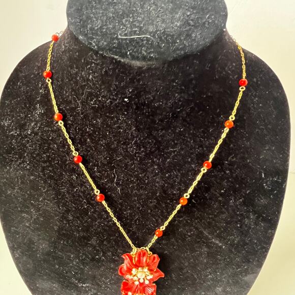 Y2K Joan Rivers Coral Enamel Pendant Necklace Gold Tone Chain Retro Rhinestone - Picture 5 of 13